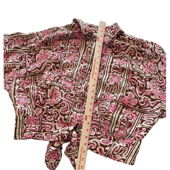 Anthropologie Tie-Front Linen Top in Brown And Pink XL New - Picture 5 of 11